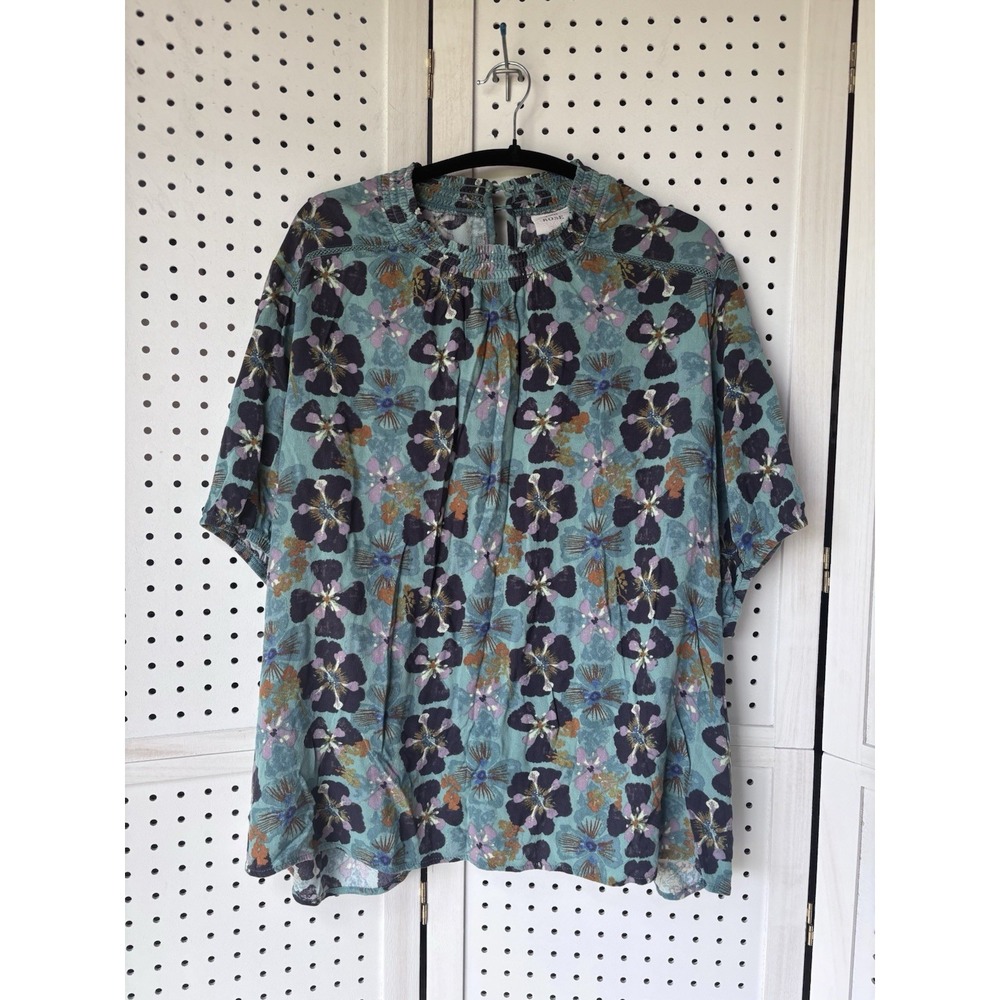Knox‎ Rose Women's 2X Mock Neck Short SLV Rayon Floral Blouse Teal Purple